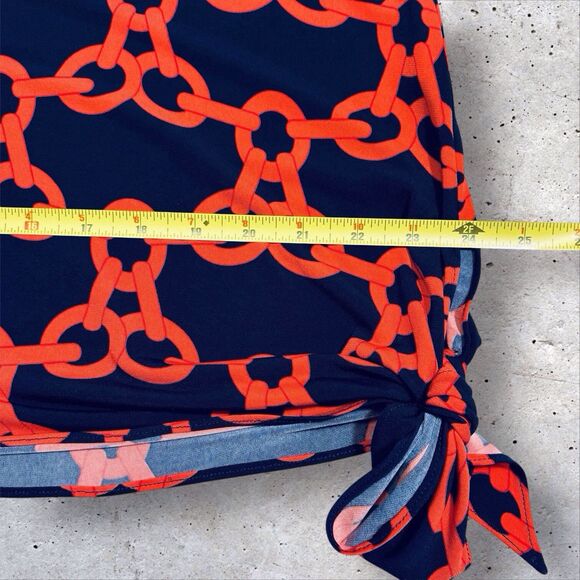 Frank Lyman Chain Print Knit Top Women’s Size 14 Navy Blue Orange Bell Sleeves - Picture 7 of 12